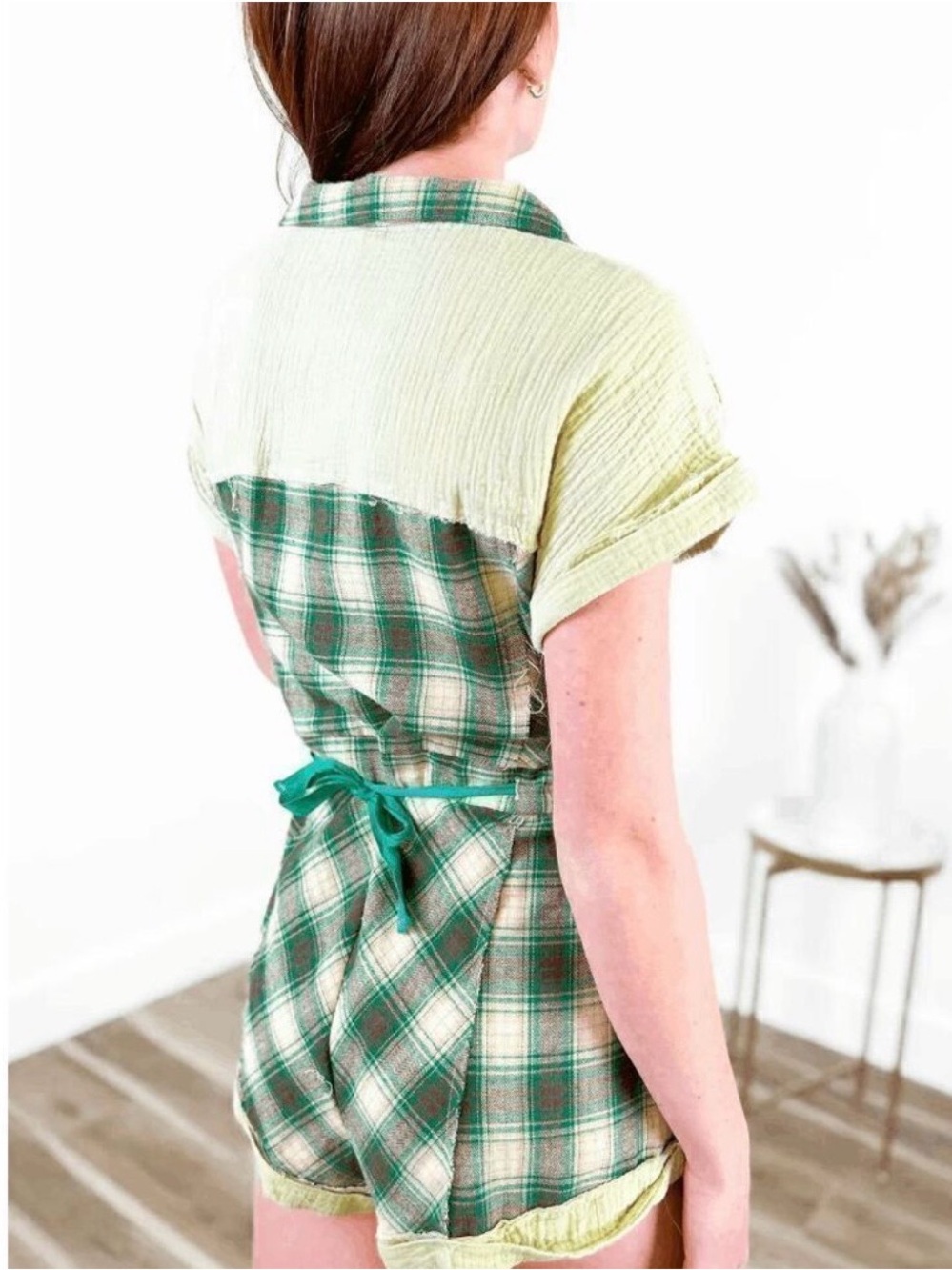 POL Green Plaid and Light Yellow Short Romper